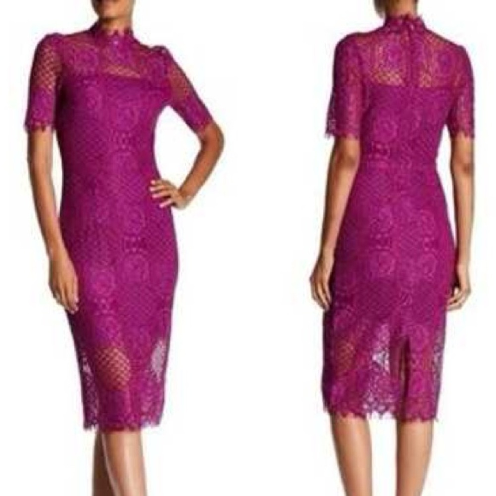 Alexia Admor Magenta Lace Midi Dress with High Lace Neck and Short Sleeves